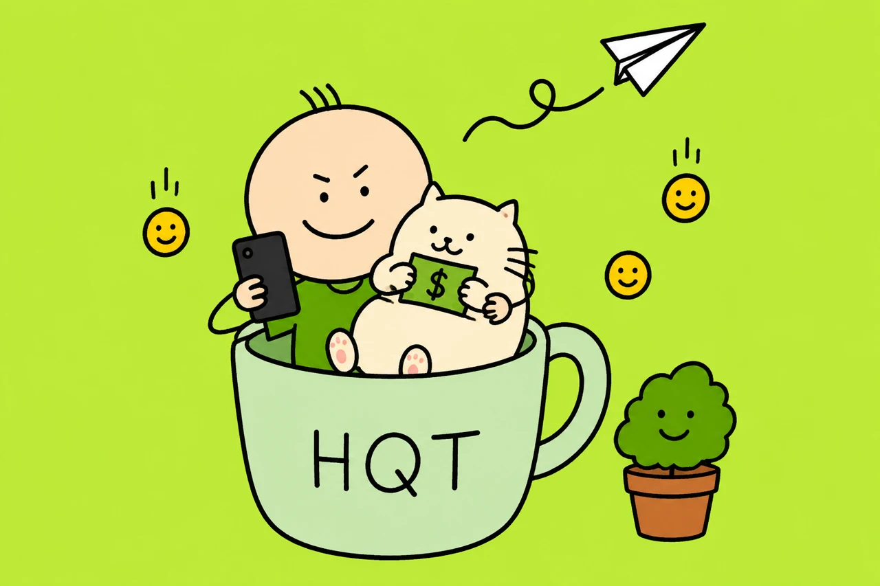 A smiling HQT doodle sits in a giant mug hugging a cash-loving cat, with a paper plane and little shrub nearby.
